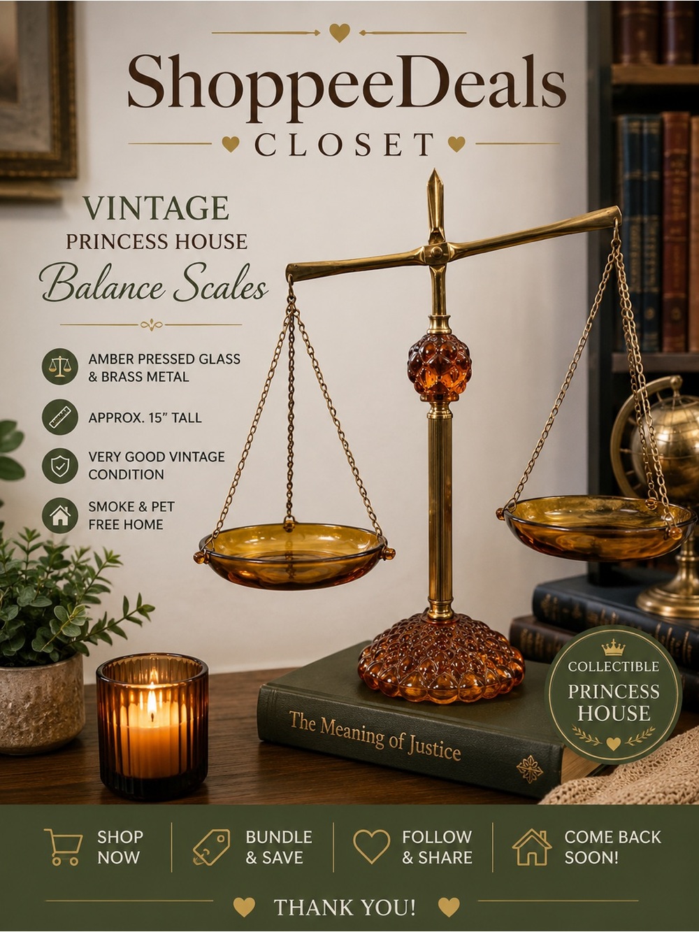 Princess House Vintage Amber Glass Scales of Justice With Brass Stand, 15"